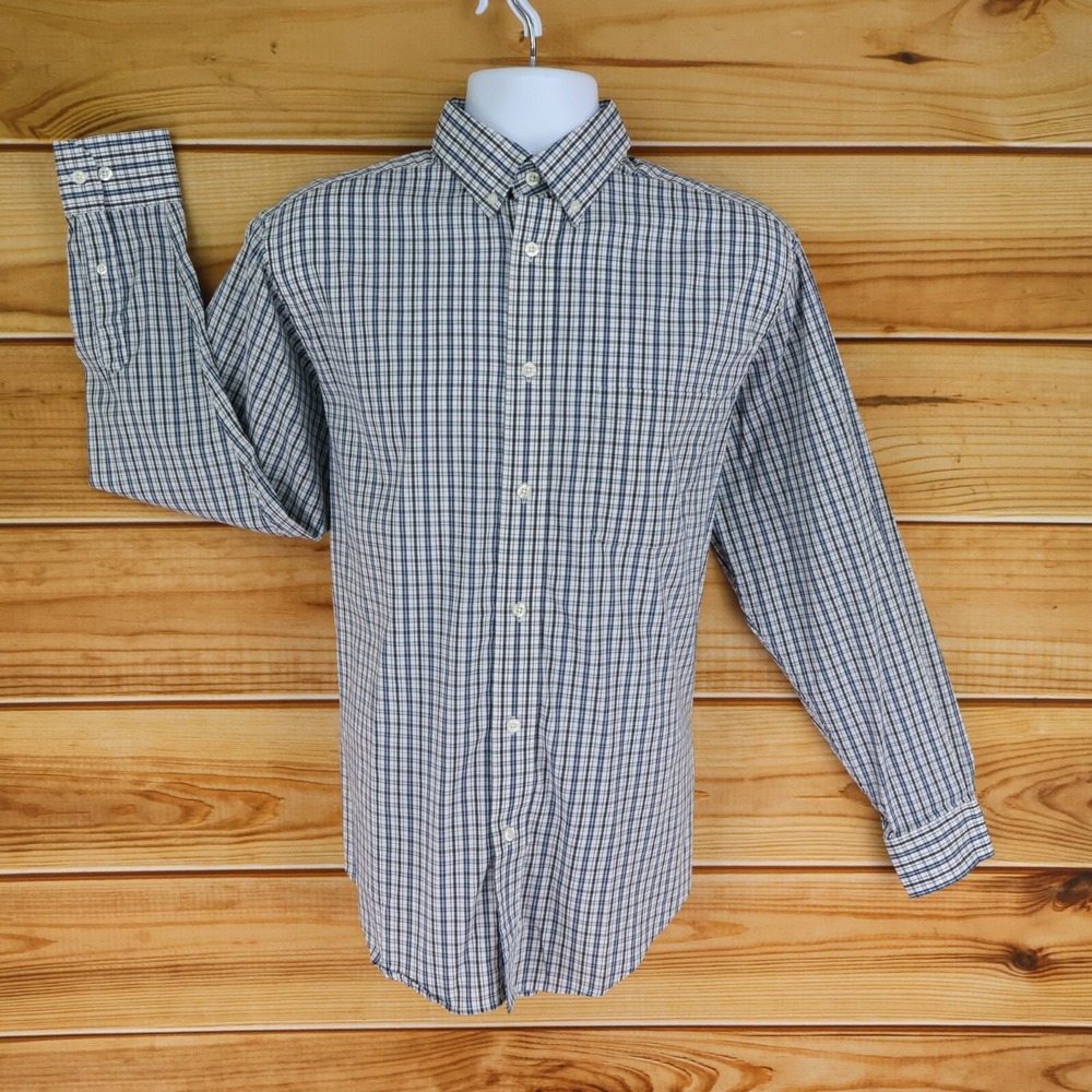 Roundtree & Yorke Dress Shirt Mens M White Blue Plaid Cotton Button Down Collar